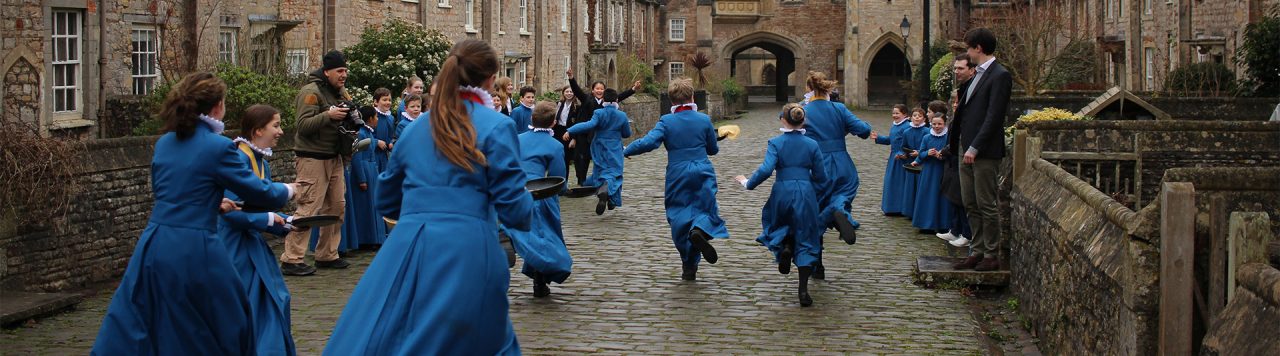 Chorister pancake race at Wells Cathedral School